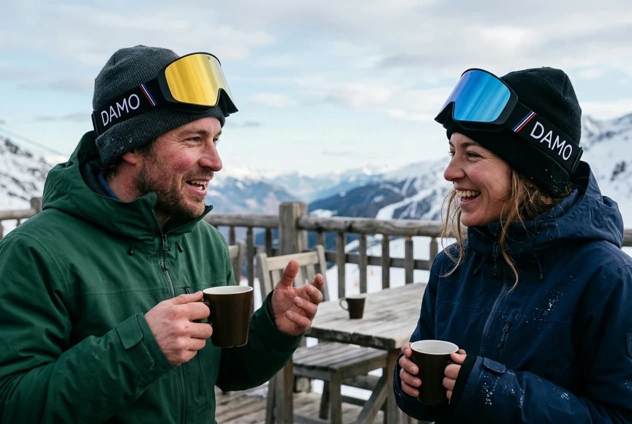 Quatre amis portant des masques Damo à écran doré, en terrasse en altitude au soleil couchant, verres à la main
